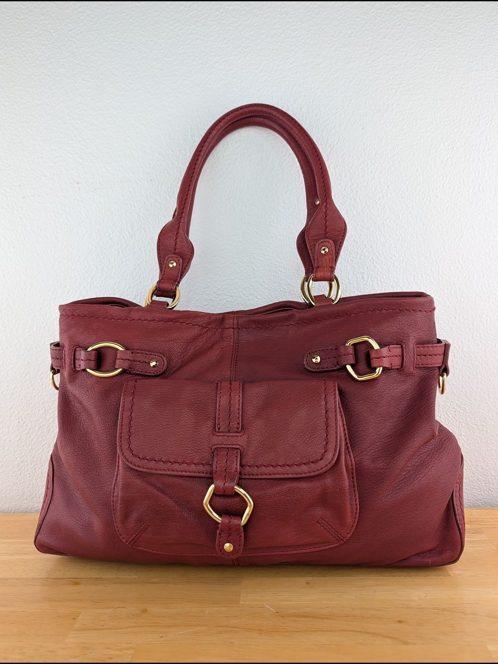 Sigrid Olsen Red Pebbled Leather Satchel Shoulder Bag Gold Stud Hardware Detail